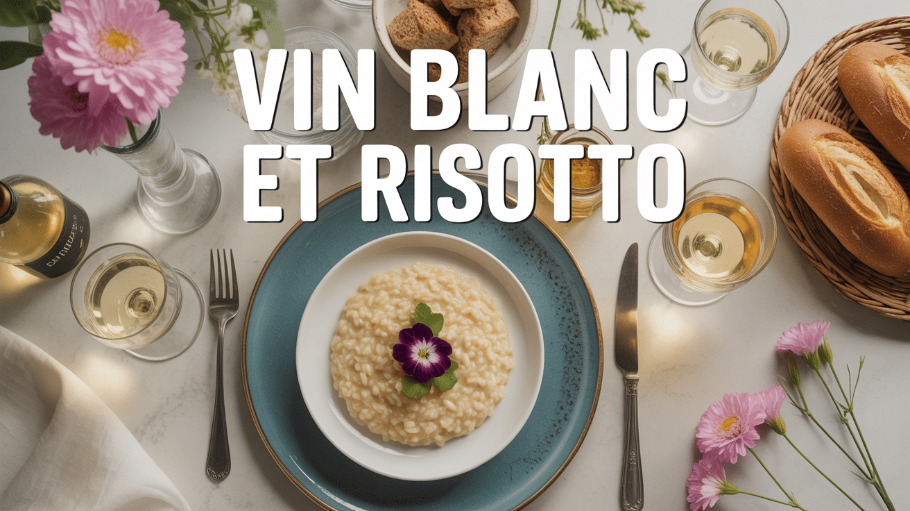 table bistrot avec risotto creatif et verres de vin blanc sec