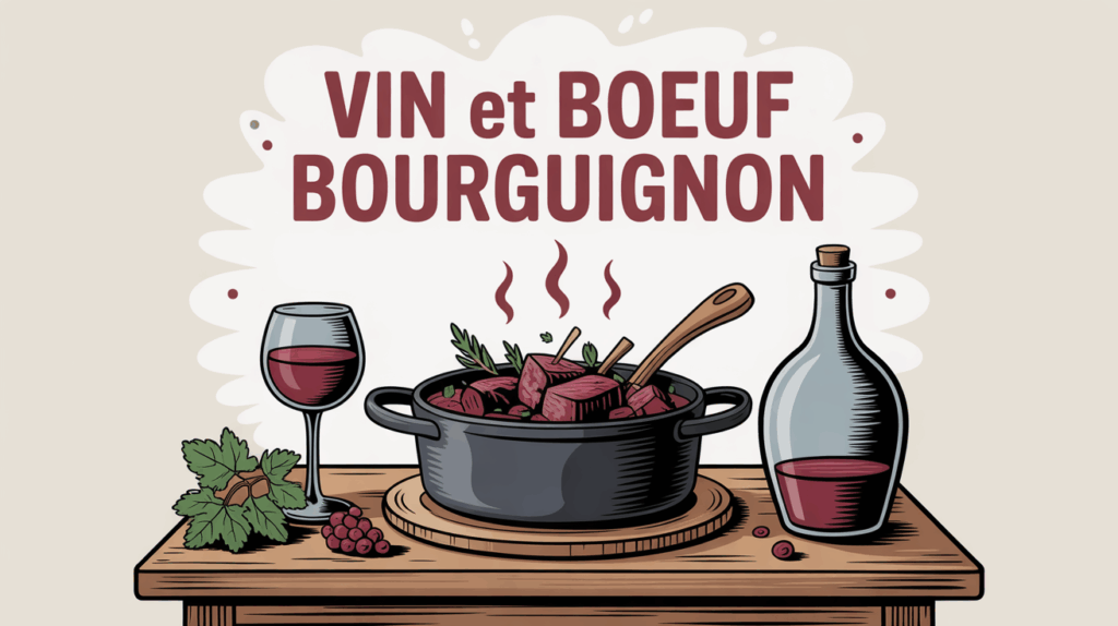 vin rouge boeuf bourguignon casserole table raisin