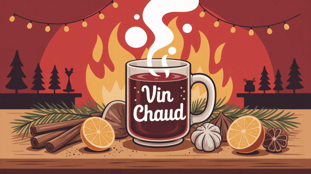 vin chaud dans mug, épices, zestes, feu de cheminée
