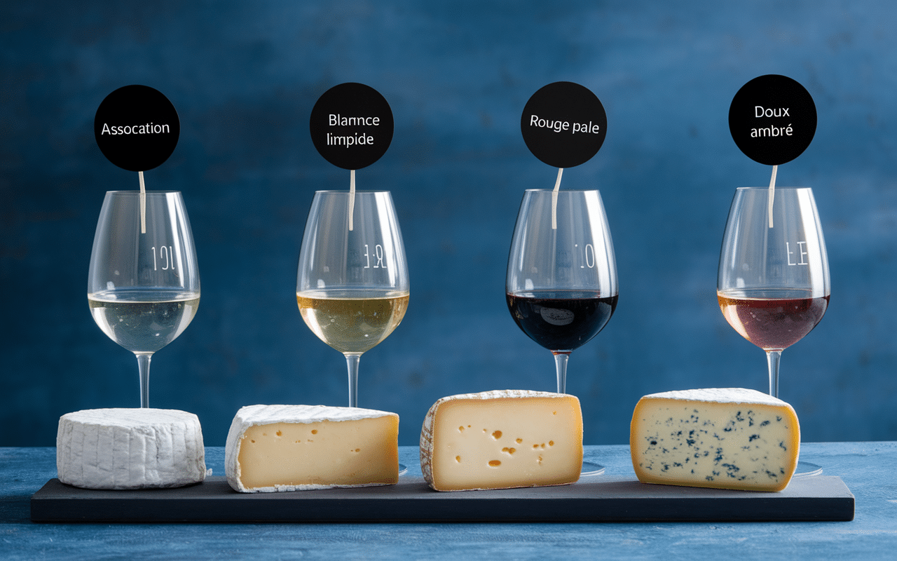 assortiment vin fromage typique avec flèches d'accord visible