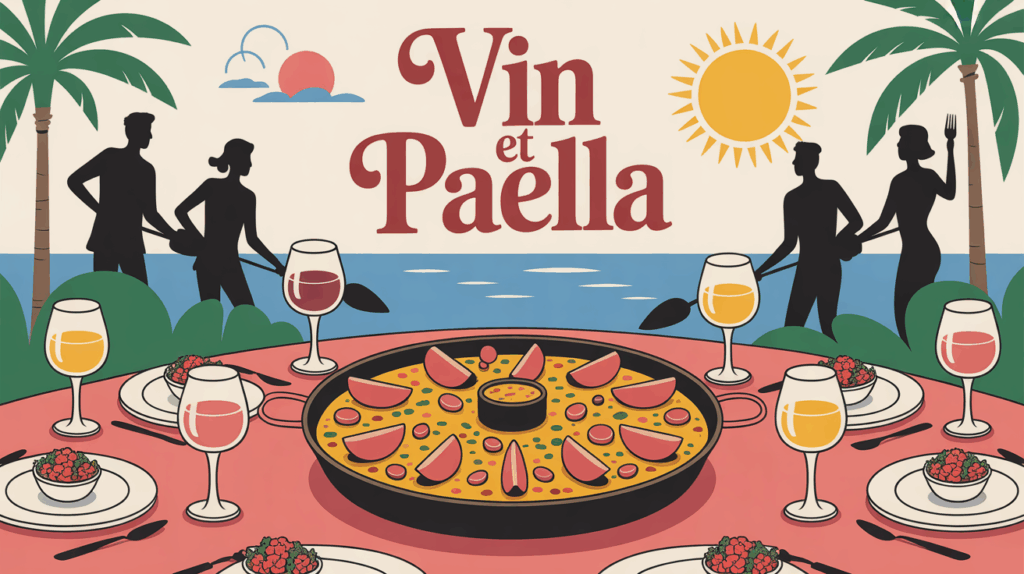 image de paella et verres de vin sous le soleil