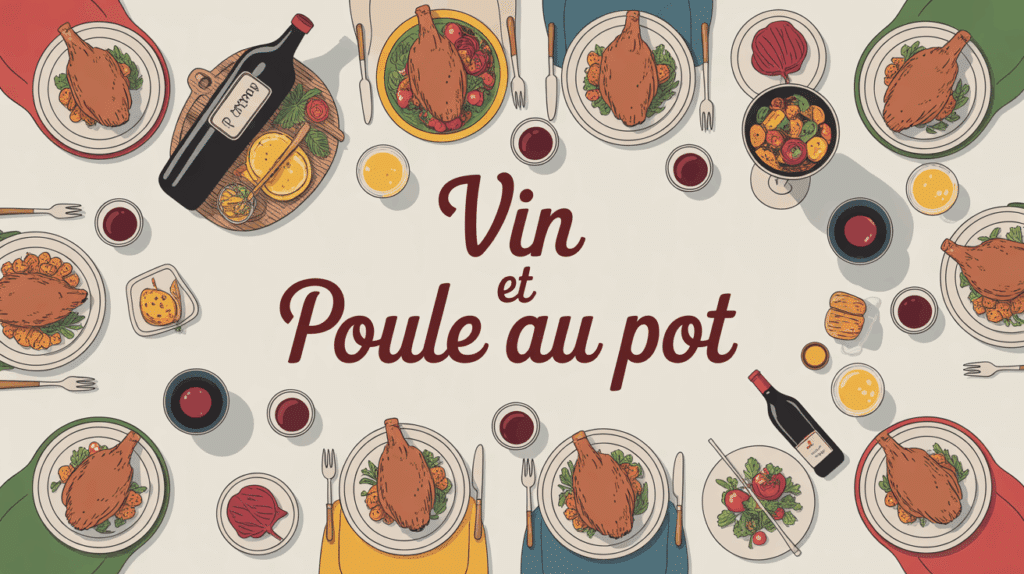 grande table poule au pot verres de vin repas familial chaleureux
