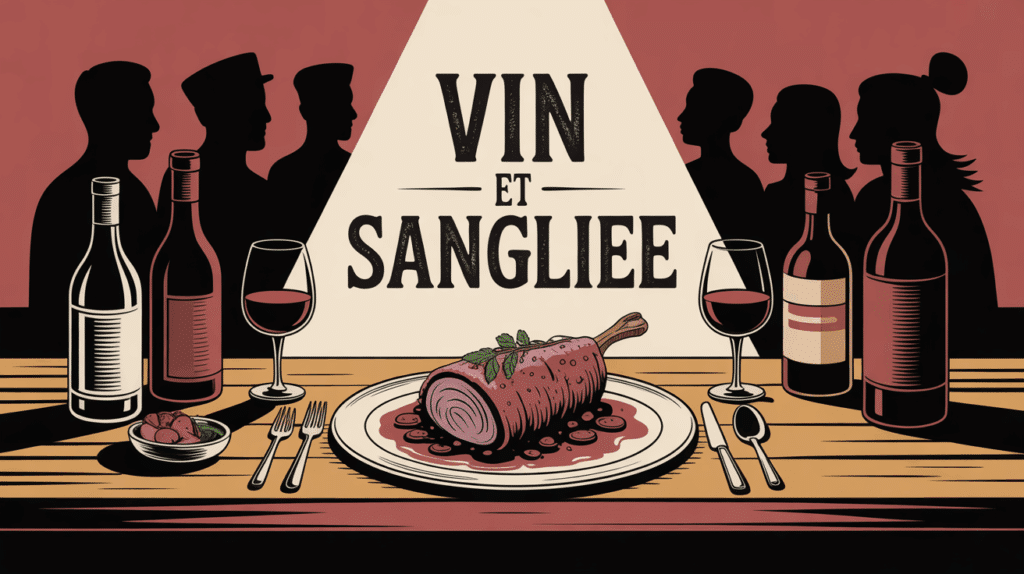 plat de sanglier en sauce et verres de vin rouge ambiance conviviale