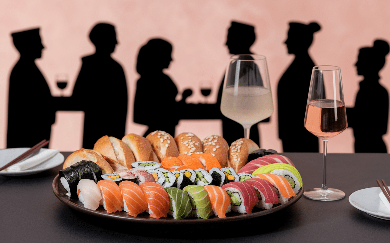 Sushis variés avec verres de vin, ambiance festive