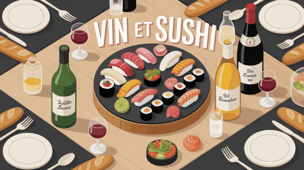 Plateau sushi et verres vin, ambiance chaleureuse