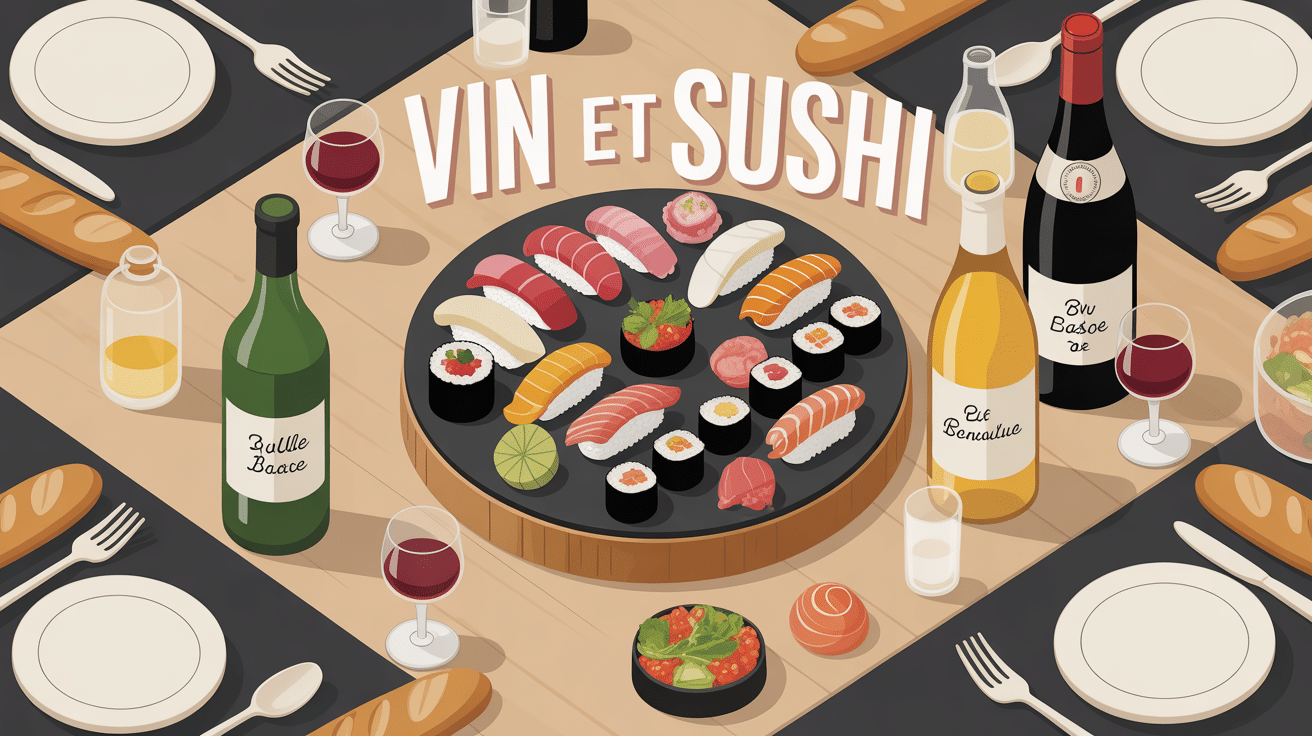 Plateau sushi et verres vin, ambiance chaleureuse