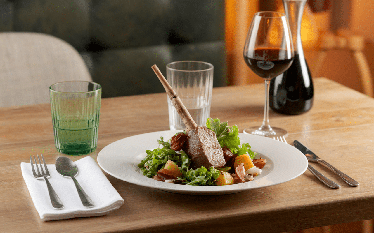 gigot d'agneau flageolets deux verres vin rouge blanc
