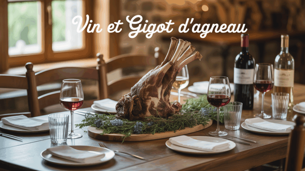 image repas traditionnel gigot d'agneau vin sur grande table