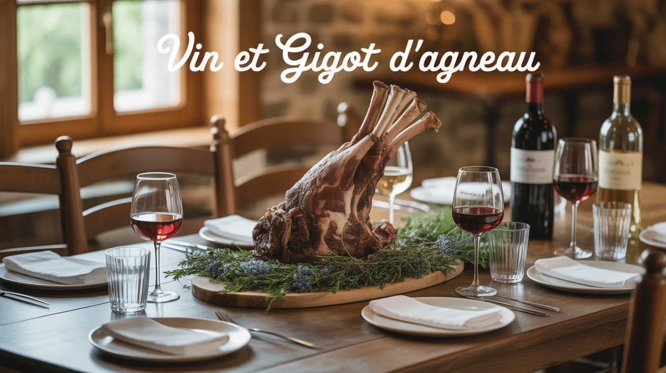 image repas traditionnel gigot d'agneau vin sur grande table