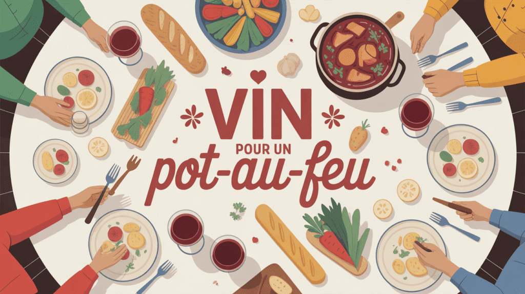 pot-au-feu traditionnel avec vin rouge age sur table familiale