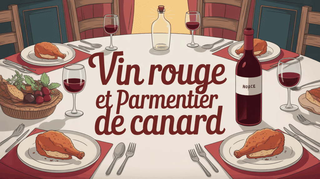 Table avec parmentier de canard doré et vin rouge