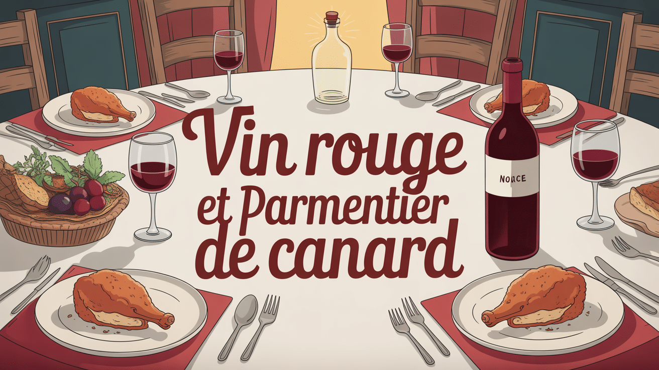Table avec parmentier de canard doré et vin rouge