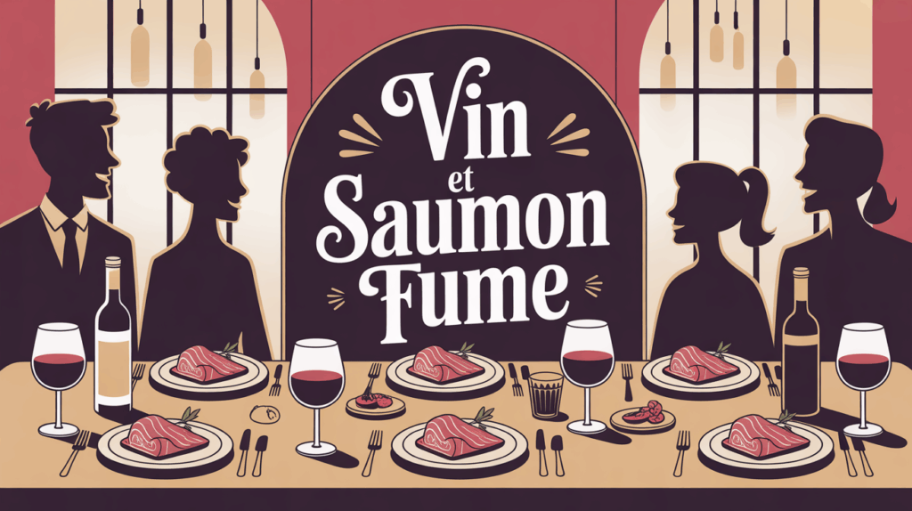 Table festive vin et saumon fume, convives heureux