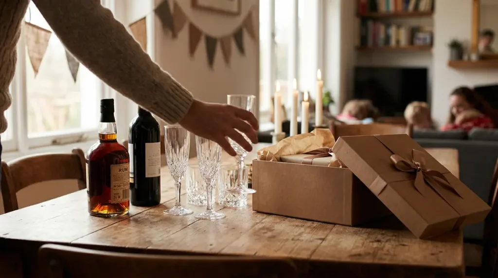 bouteille d exception cadeau anniversaire pere sur table avec coffret et verres