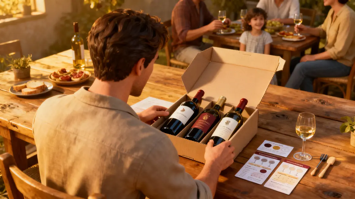 homme ouvre box de vin famille fête des pères
