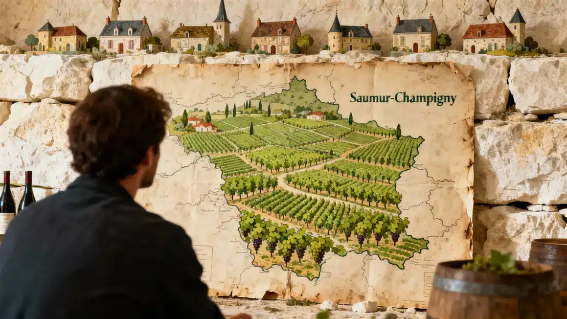 Vieille carte et vignobles terroir Saumur-Champigny