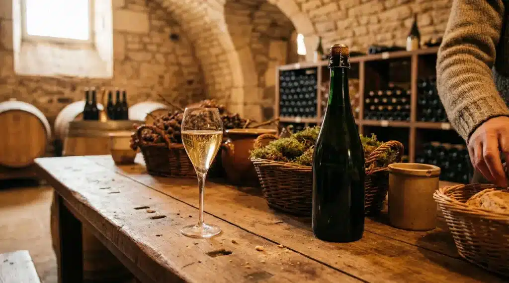 Champagne Premier Cru Cl de La Chapelle dans un verre sur table, ambiance cave conviviale