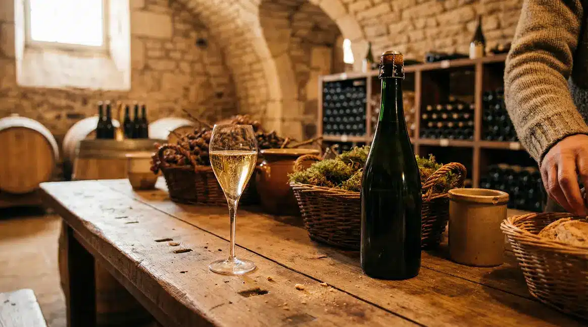 Champagne Premier Cru Cl de La Chapelle dans un verre sur table, ambiance cave conviviale