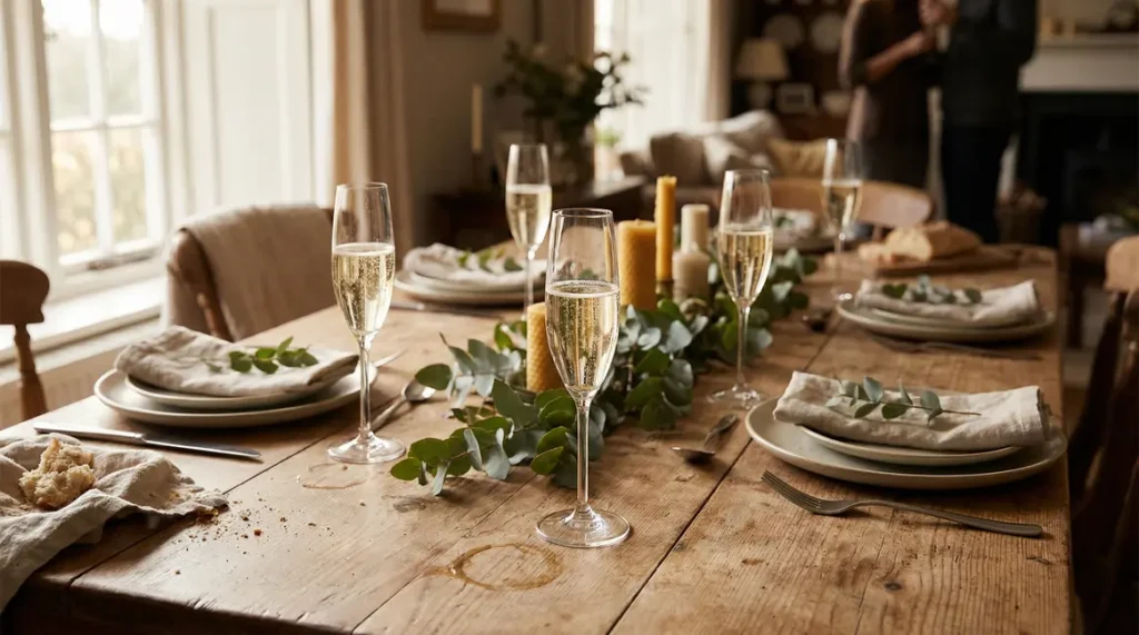 table de fête flûtes champagne sans alcool bulles fines