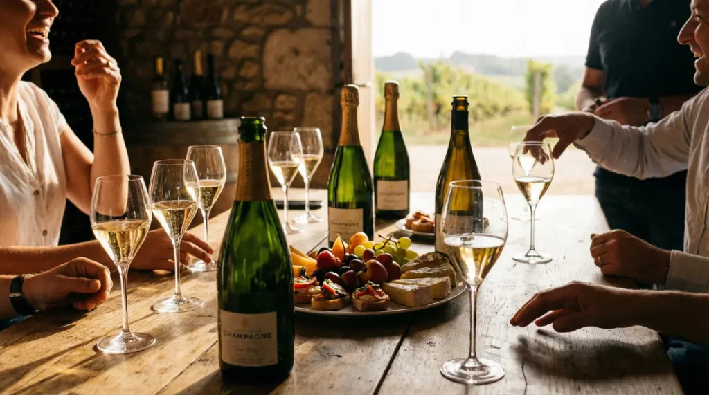 Table dégustation champagne bouteilles verres tulipe ambiance conviviale