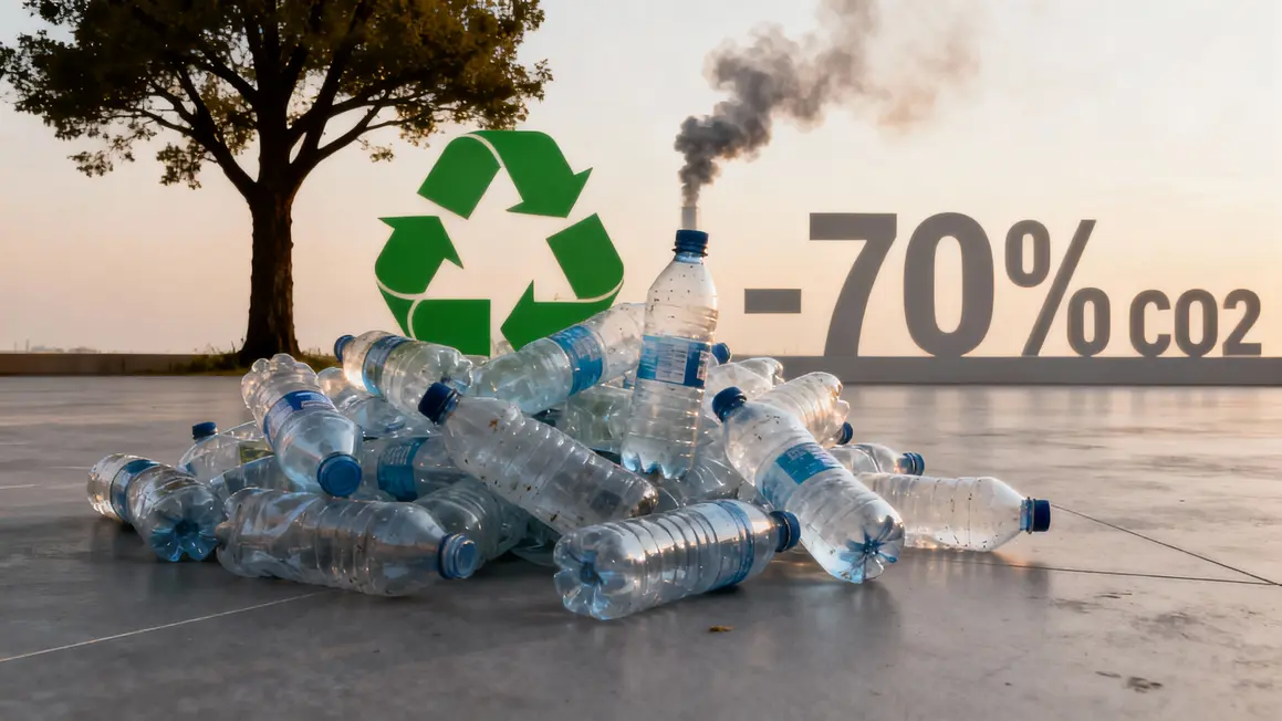 Tas de bouteilles plastiques usées symbole recyclage et réduction carbone