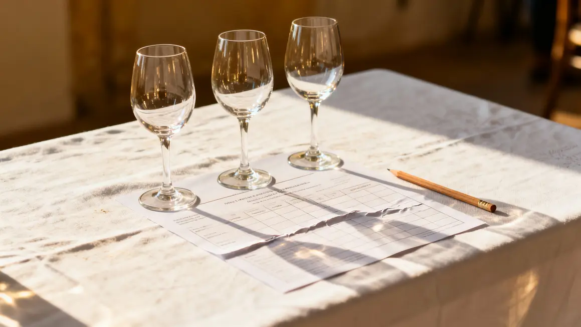 Verres tulipe fiche dégustation nappe blanche lumière naturelle