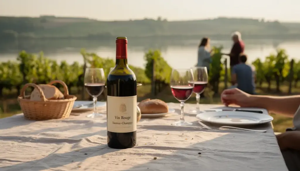 Paysage de vignes Loire avec bouteille Saumur-Champigny