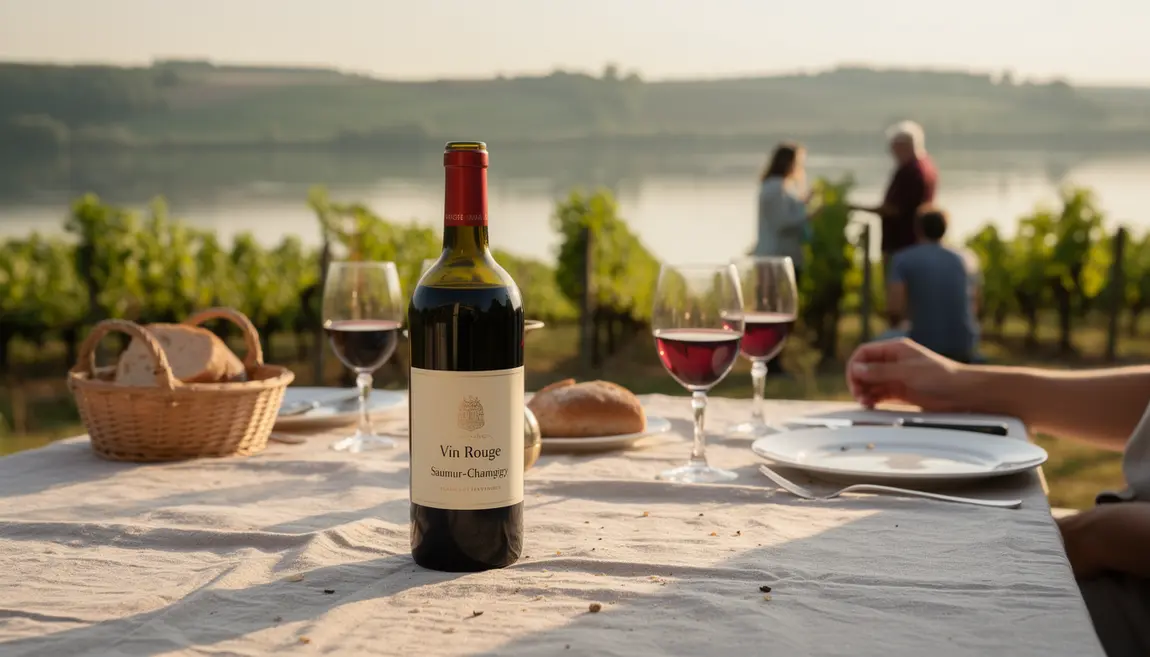 Paysage de vignes Loire avec bouteille Saumur-Champigny