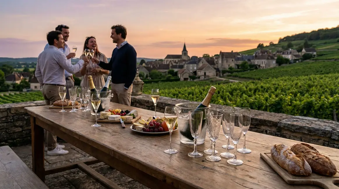Dégustation festive Pierre Moncuit sur table élégante, vignes, village champagne