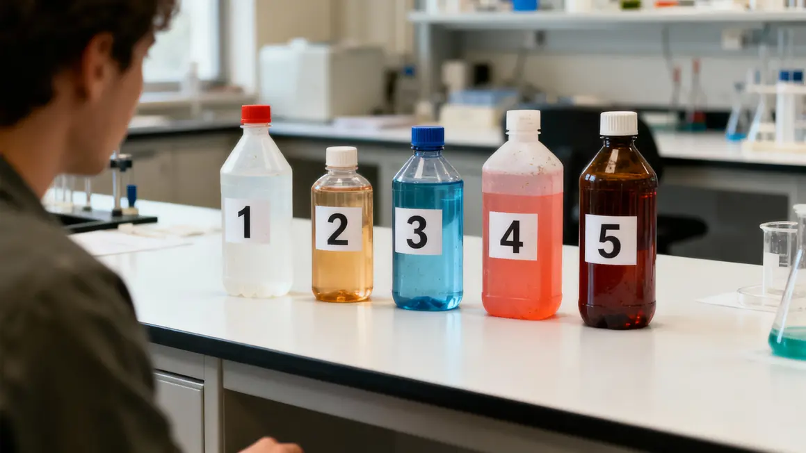 Cinq bouteilles plastiques différentes sur fond blanc ambiance laboratoire