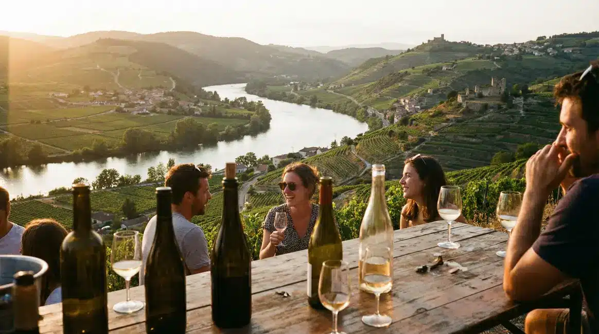 vue panoramique vallee du rhone vignobles terrasses coucher soleil