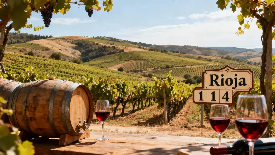 Paysage vignes Rioja et verre de vin rouge