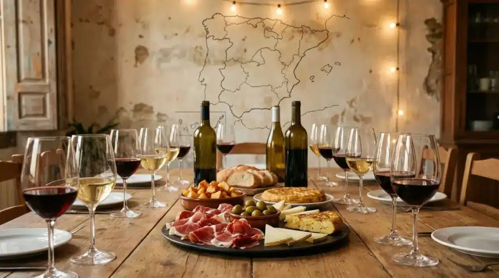 Dîner convivial avec vins espagnols et tapas sur carte d'Espagne