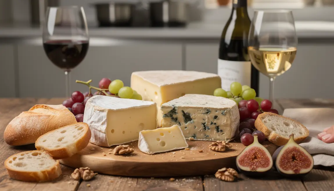 Plateau fromages variés vins pain fruits, ambiance conviviale