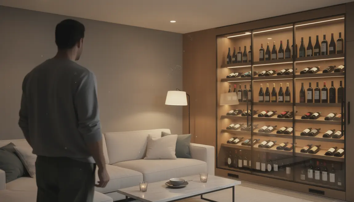 Cave à vin intégrée dans un salon contemporain
