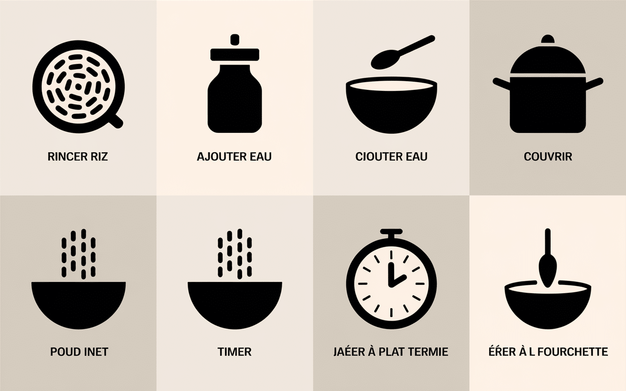 etapes cuisson riz micro onde pictos
