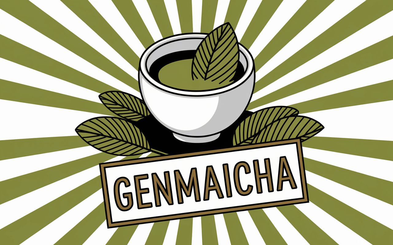 genmaicha green tea théière japonaise et panneaux dorés