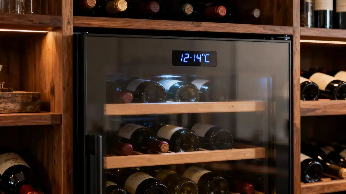 Vue cave à vin avec bouteilles à 12-14 degrés