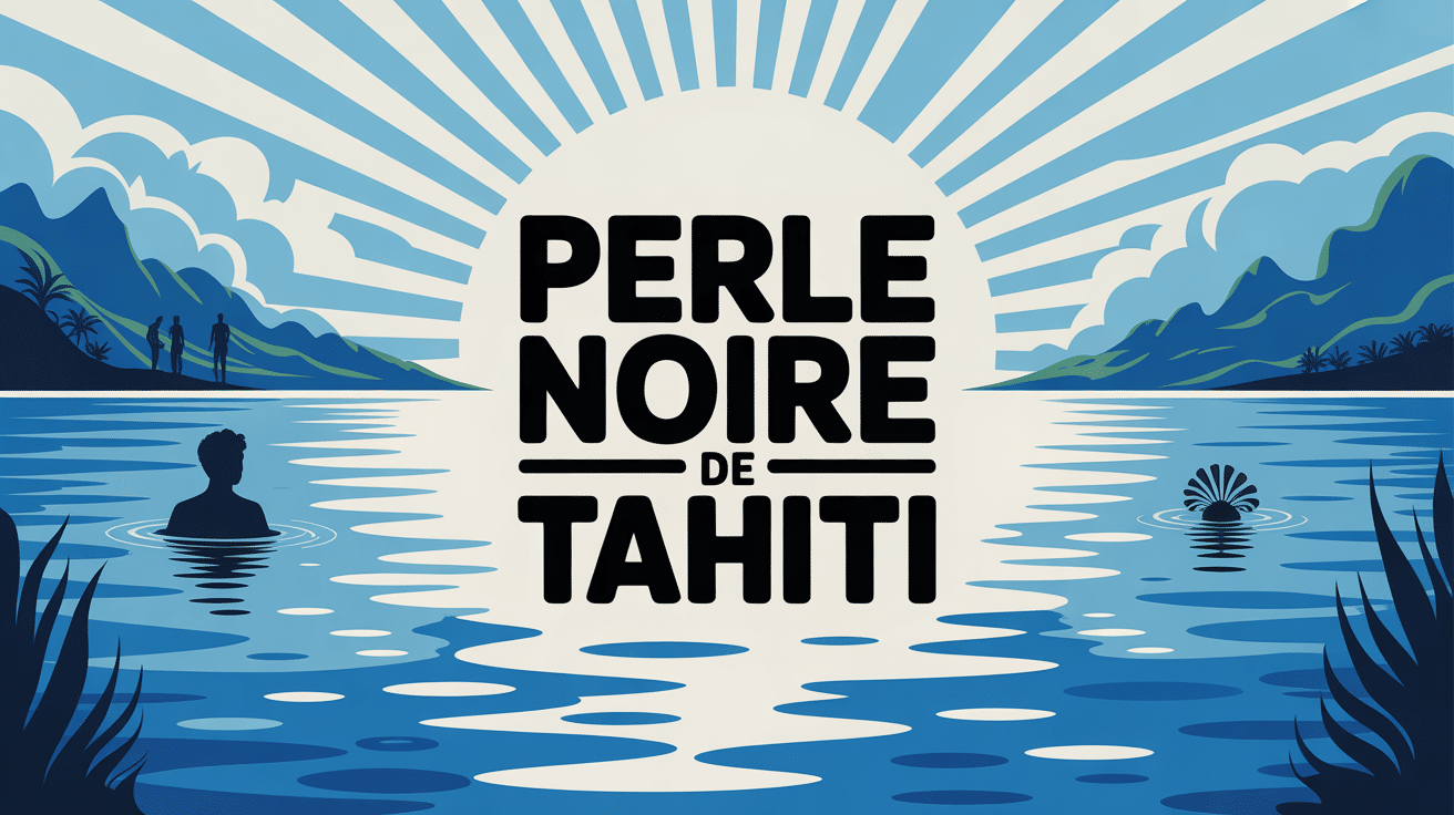 perle noire stylisée sur fond bleu lagon