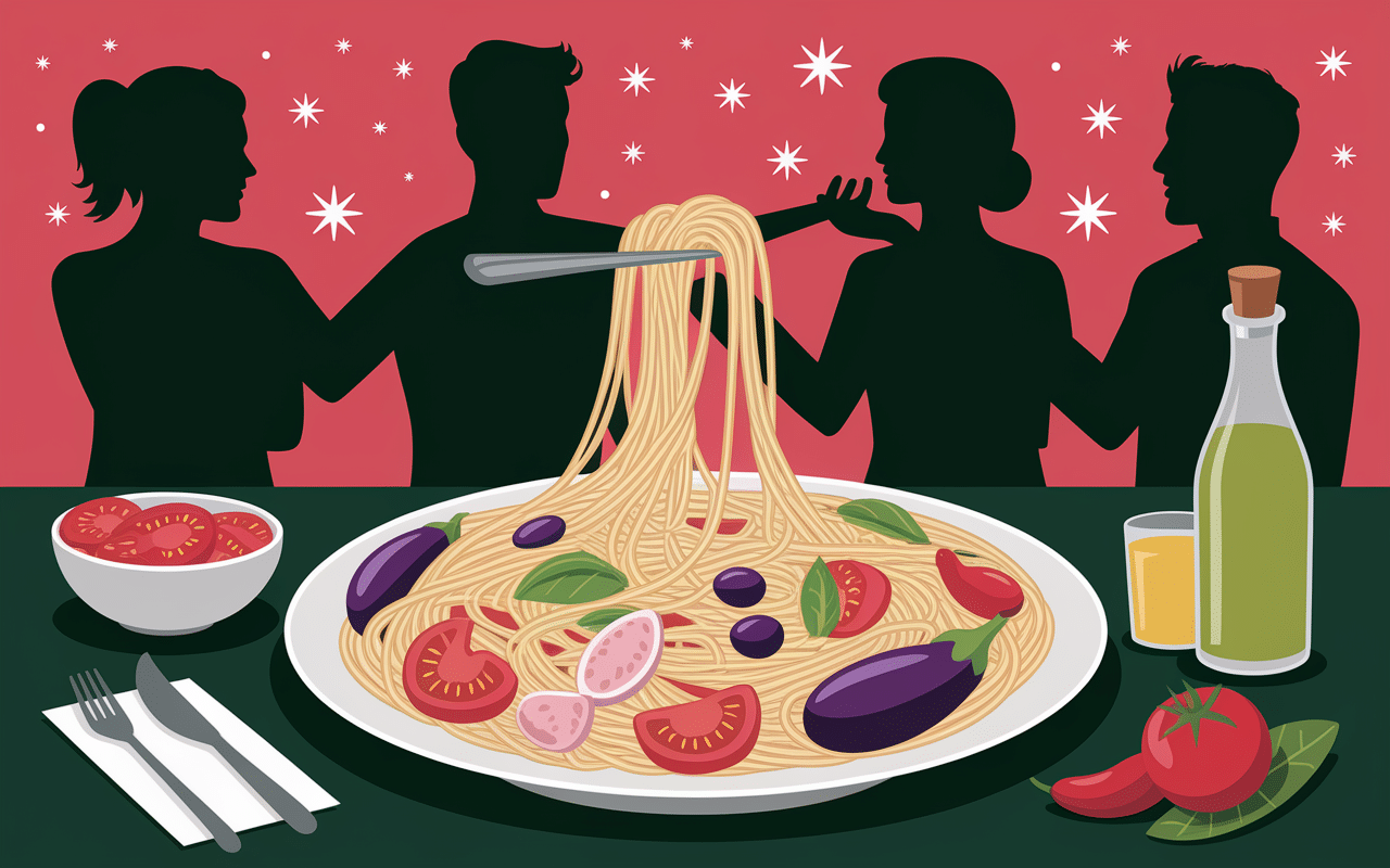siracusani spaghetti aubergine poivron partage