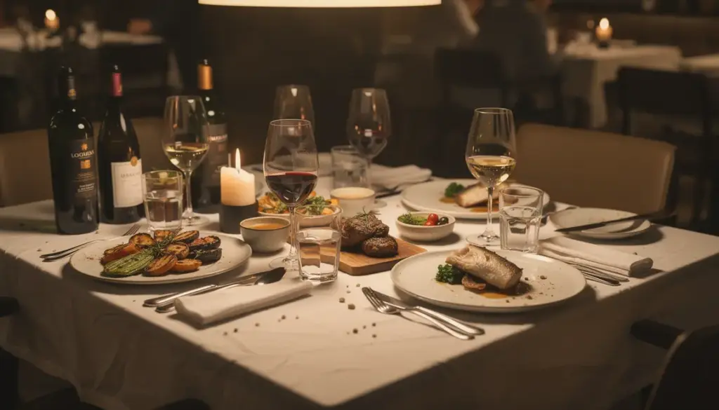 Table dressée accords mets vins Bordeaux lumière tamisée