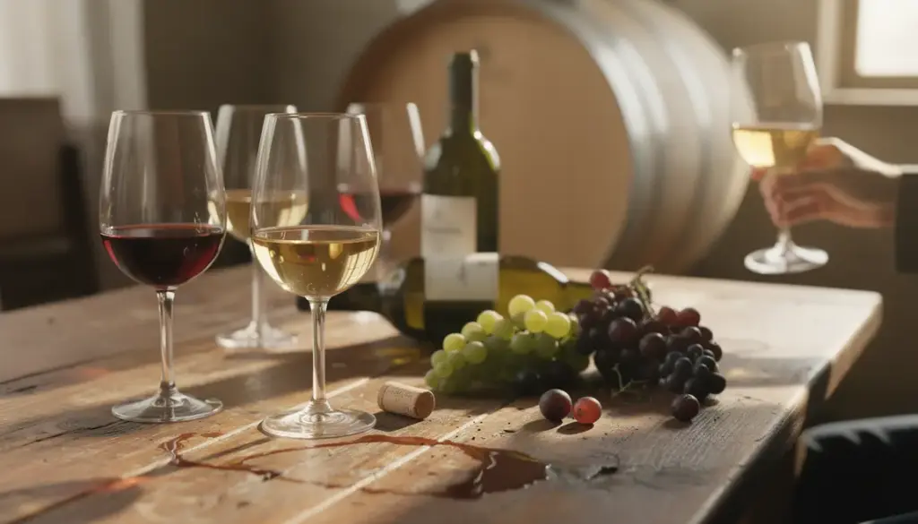 table de dégustation de vin avec raisins et fût, tanins vin
