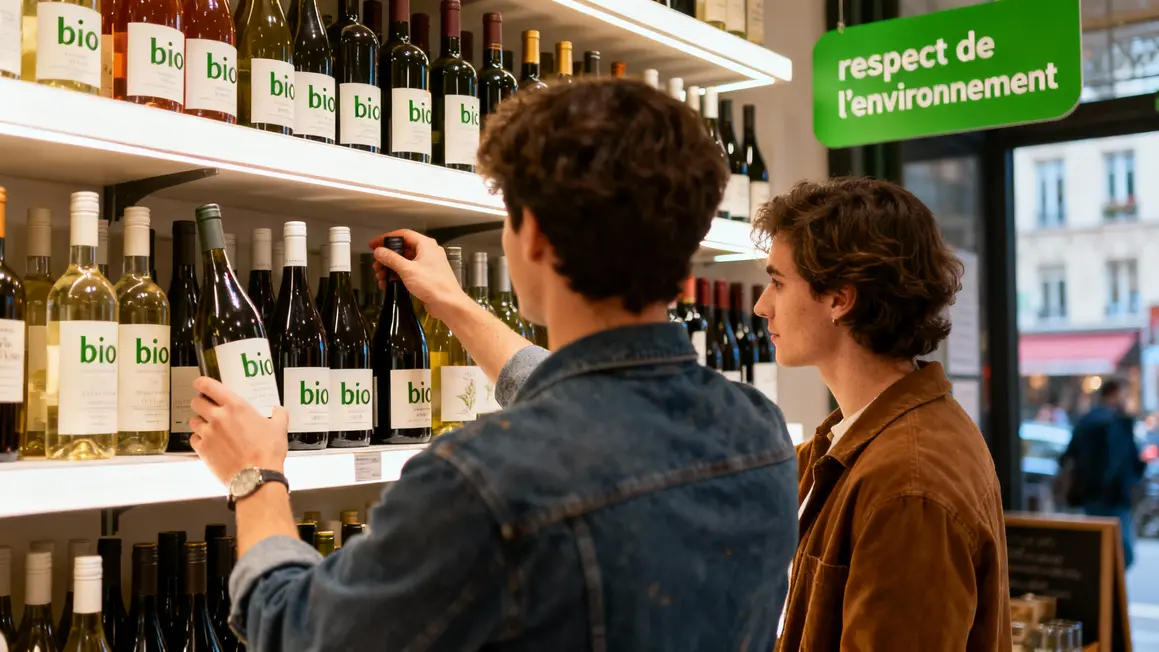 Jeunes adultes choisissant du vin bio en ville