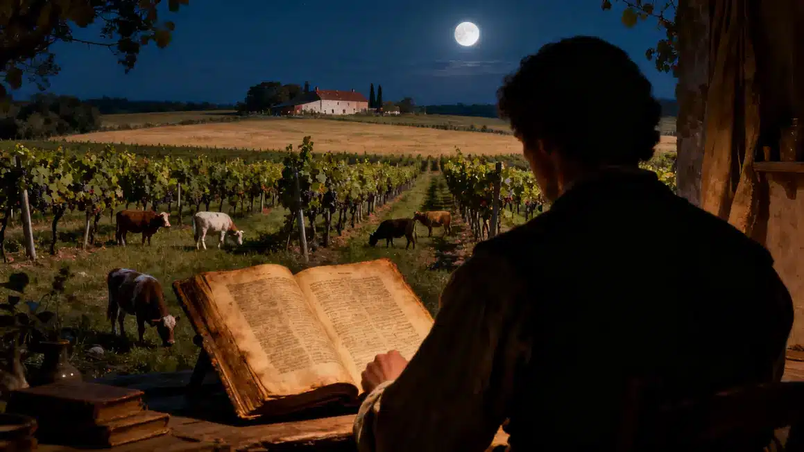 Champ biodynamique avec animaux et lune