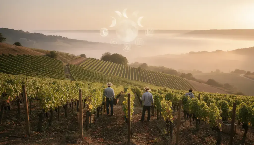 Vignoble biodynamique au lever du soleil avec calendrier lunaire