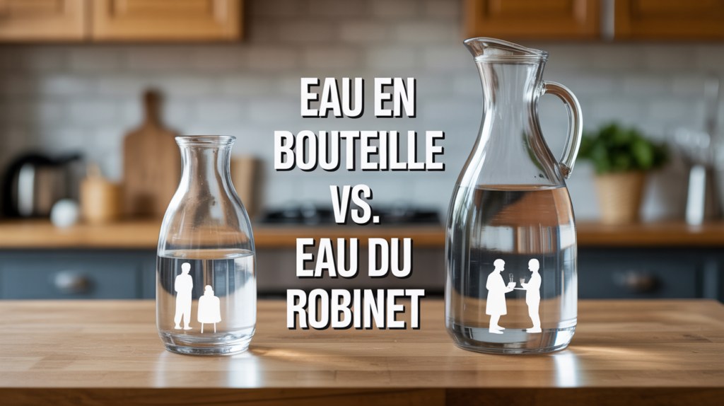 table avec eau en bouteille et eau du robinet