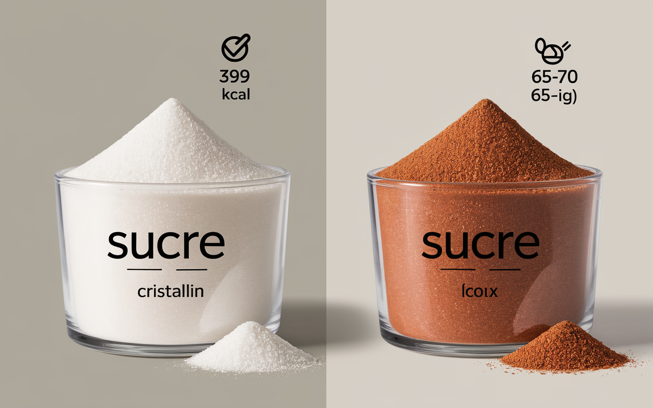 deux bols sucre de canne sucre blanc infographie