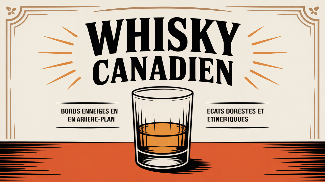 Verre de whisky canadien sur table en bois, fond enneigé