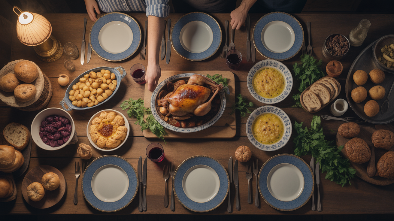 Accompagnement coq au vin sur grande table en bois