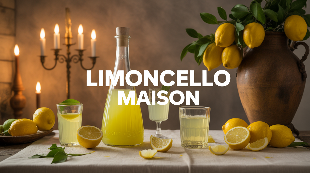 bouteille et verres de alcool limoncello maison sur une table
